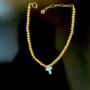 14k gold beaded bracelet with opal cross